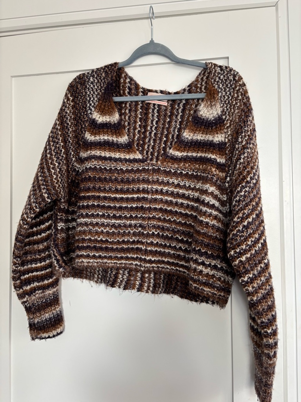 Urban Outfitters Brown, Cream & Gray Striped V-Neck Sweater
